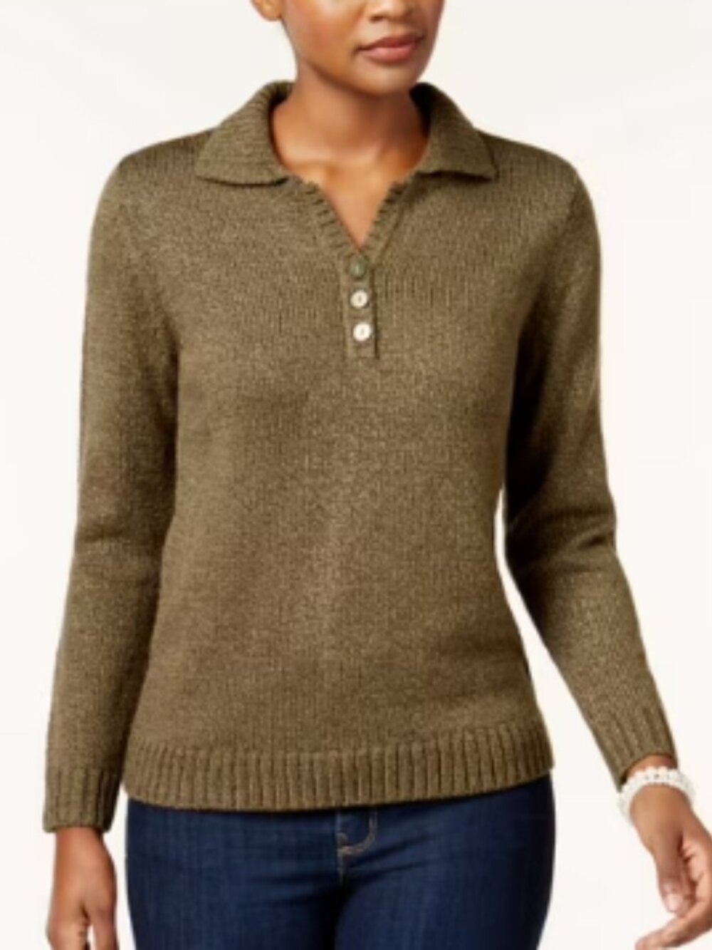 KAREN SCOTT Women's Olive Marle Long Sleeve Collared Knit Sweater PL